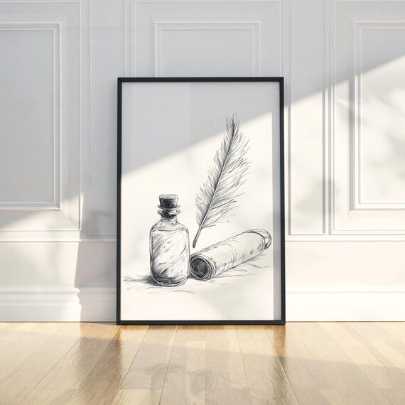 Vintage Ink Bottle Quill Feather Scroll Sketch Still Life Poster