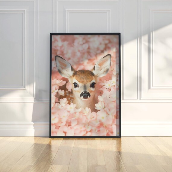 Baby Deer Among Pink Cherry Blossoms Cute Nursery Art Poster