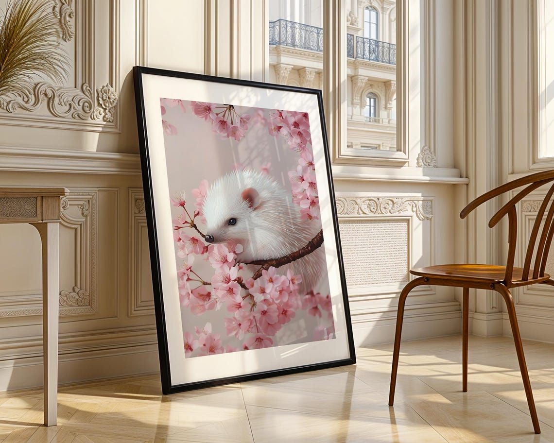 Cute White Hedgehog on Pink Cherry Blossom Branch Nursery Poster - Image 3