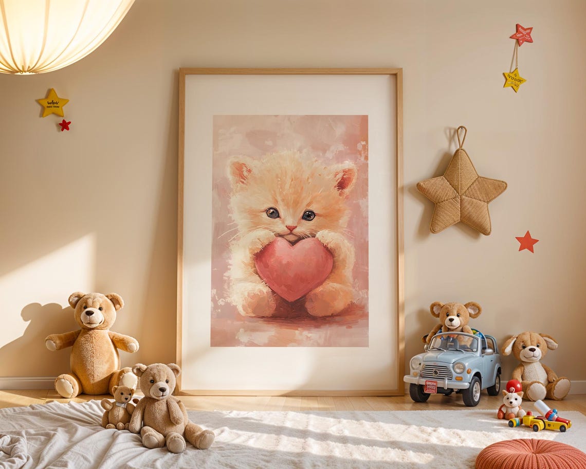 Cute Valentine Kitten Holding Heart Pastel Romantic Cat Poster - Image 4