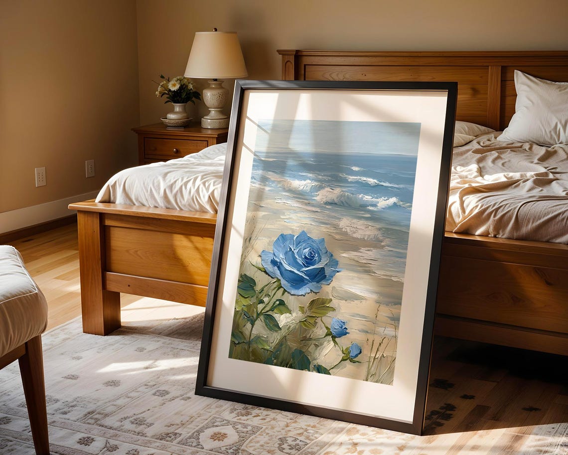 Blue Rose Beach Seascape Ocean Waves Coastal Oil Painting Poster - Image 4