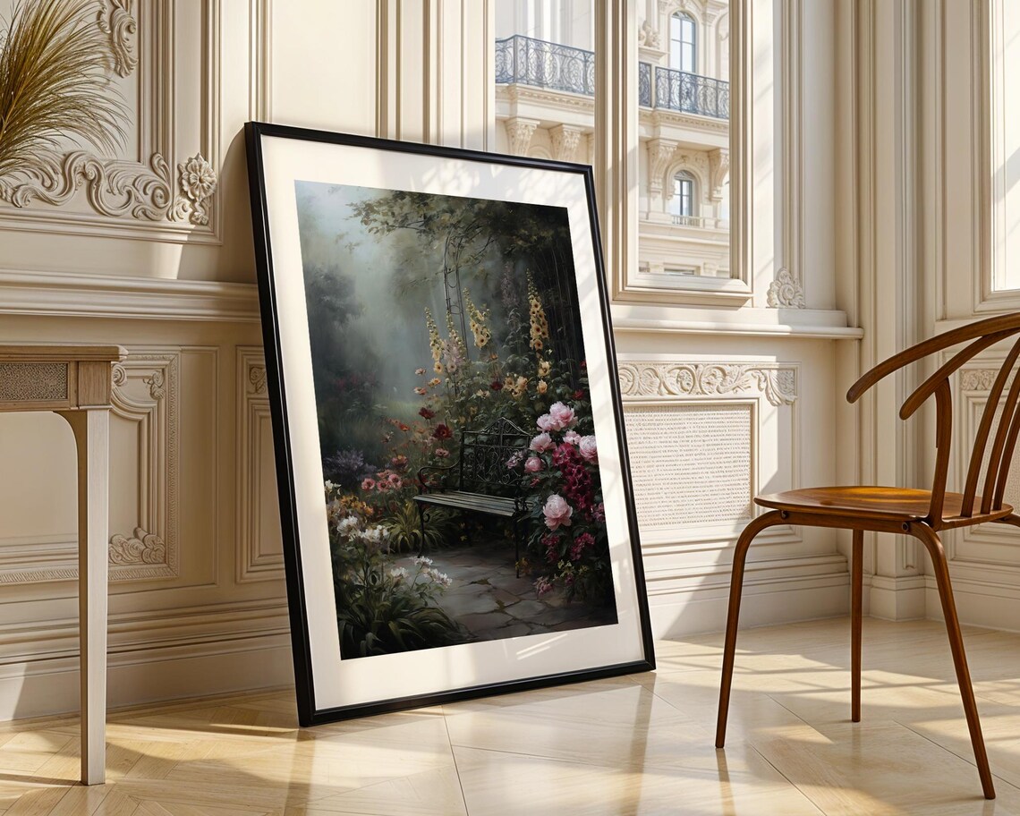 Moody Floral Garden Bench Oil Painting Cottage Garden Poster - Image 4