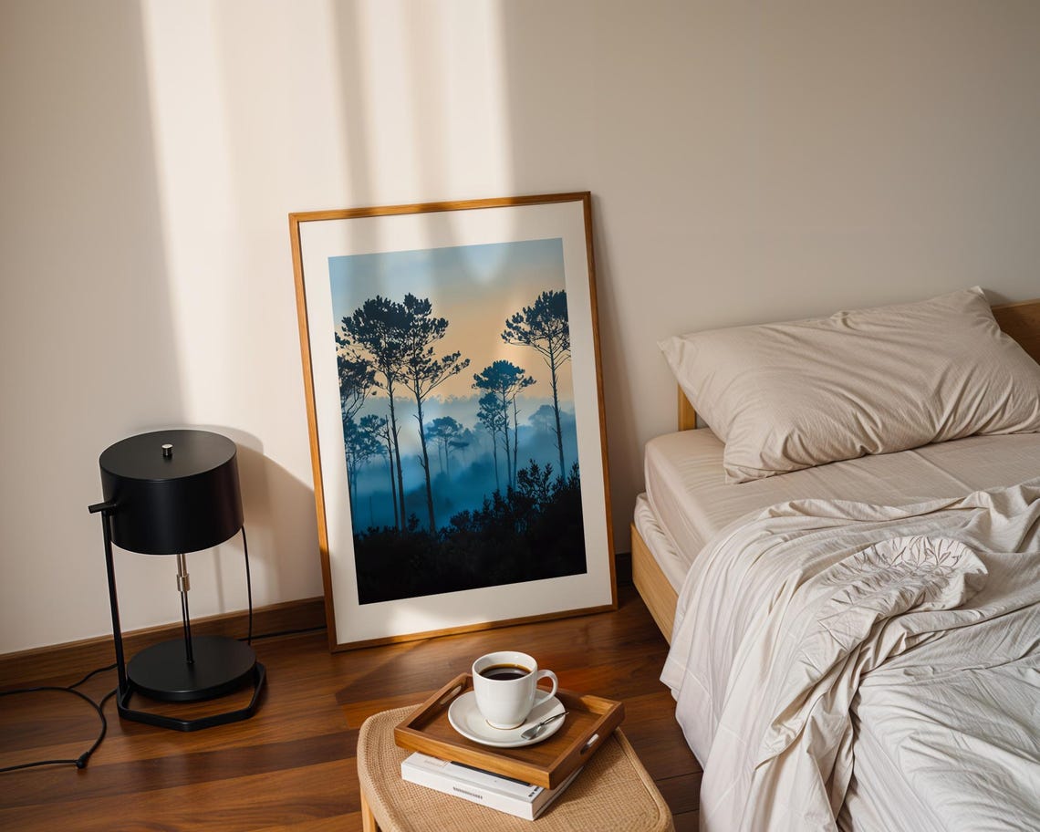 Blue Pine Forest Morning Mist Silhouette Trees Landscape Print - Image 2