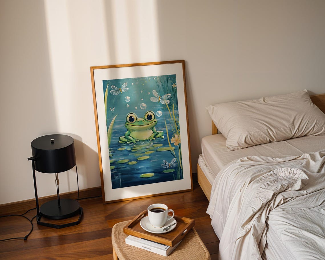Cute Frog Lily Pad Pond Dragonflies Art Print Trendy Wall Room Decor Prints Poster Gift - Image 2