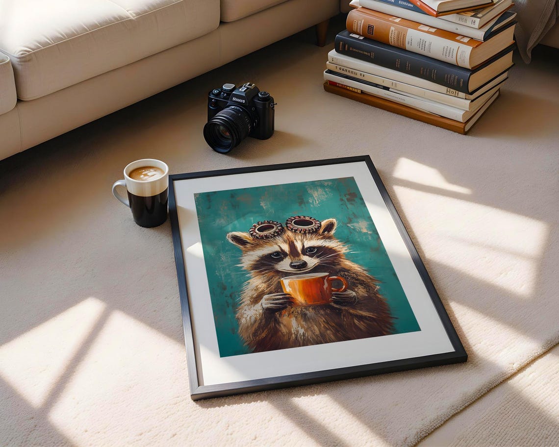 Whimsical Raccoon Coffee Mug Goggles Animal Art Illustration Trendy Wall Room Decor Prints Print - Image 3