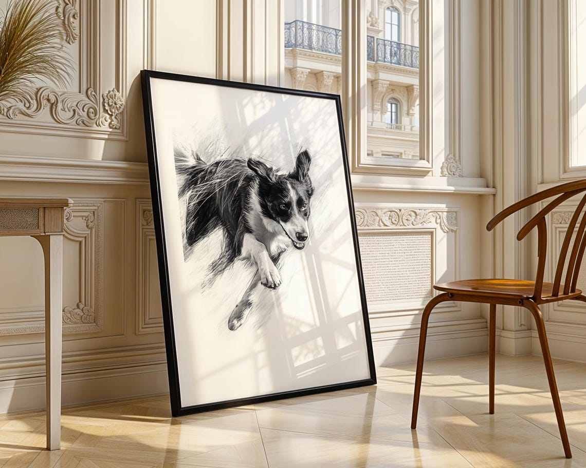 Border Collie Running Sketch Black And White Dog Pencil Wall Art