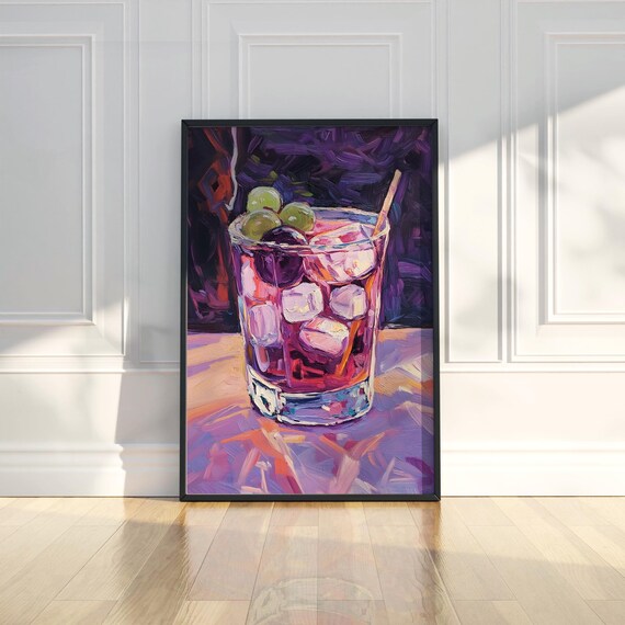 Fruit Cocktail Glass Ice Cubes Vibrant Purple Background Oil Painting Poster