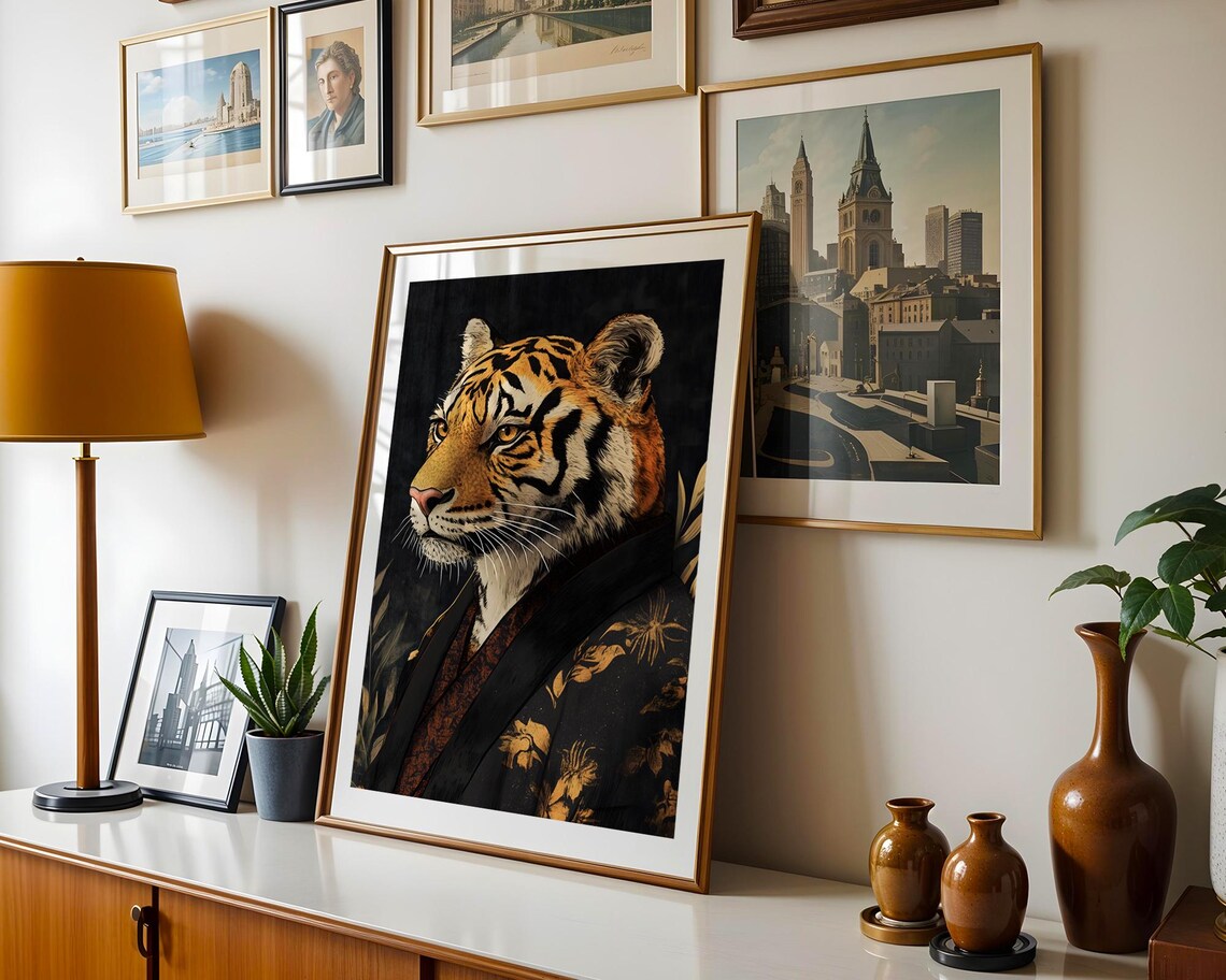 Tiger Portrait Wearing Floral Kimono Dark Japanese Style Wall Art - Image 5