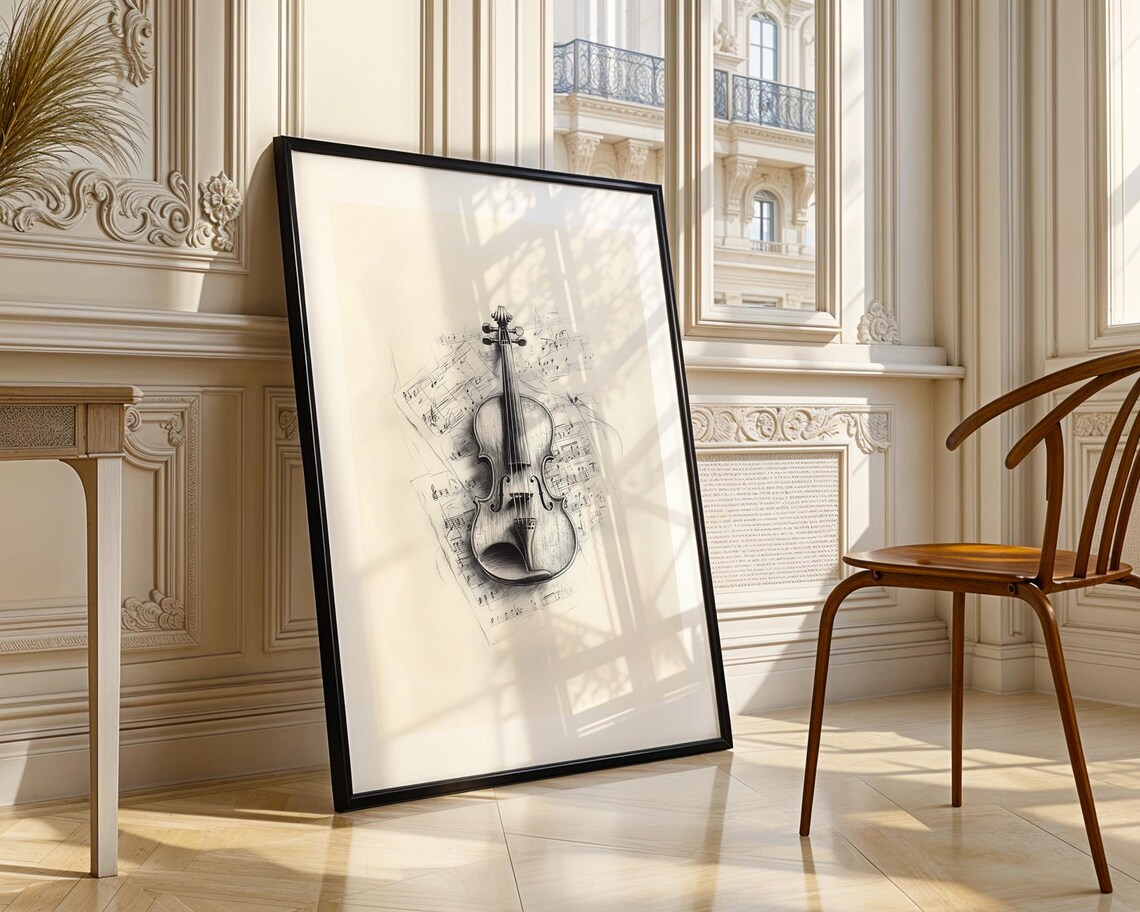 Violin And Sheet Music Pencil Sketch Classical Music Art Poster - Image 3