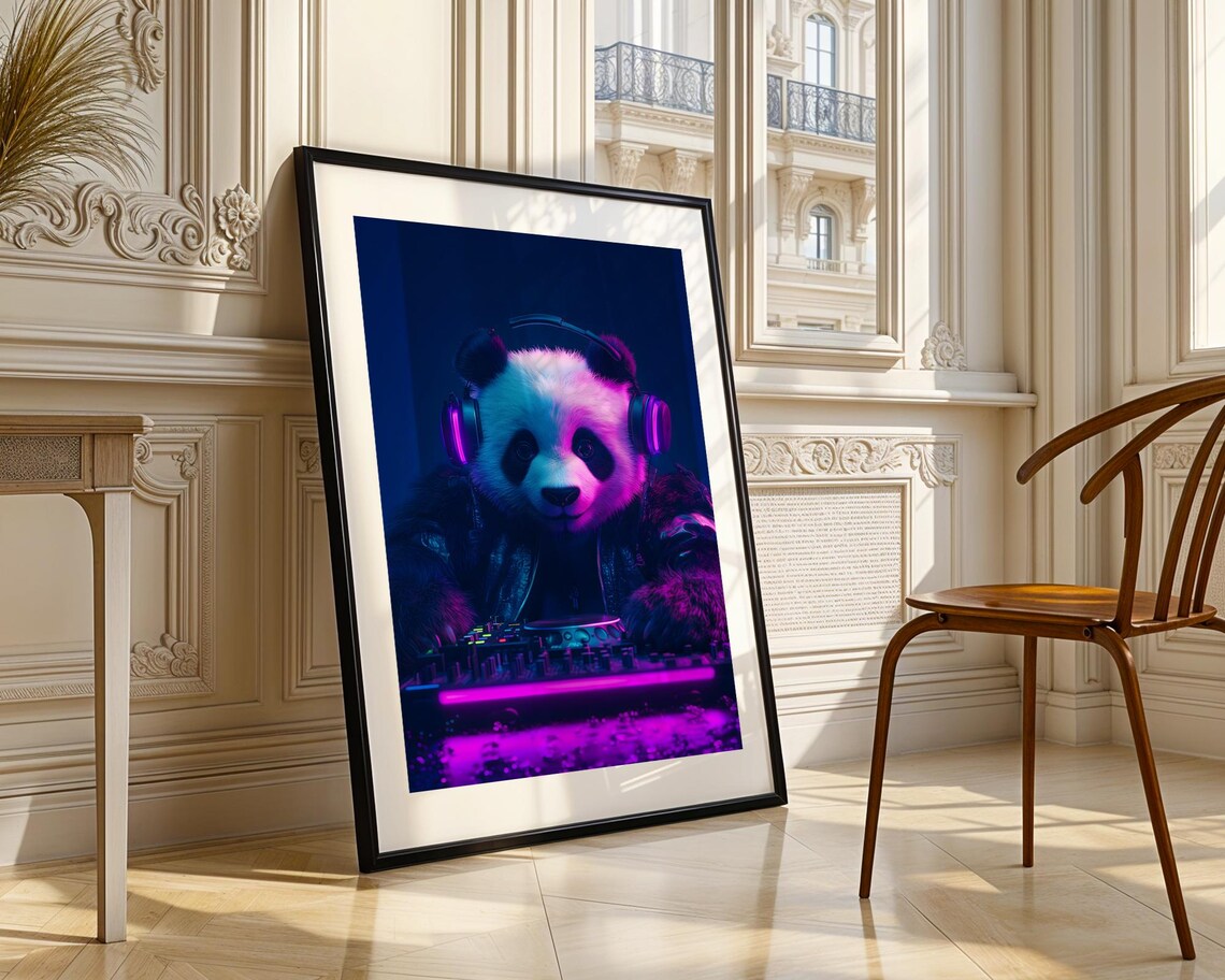 Panda DJ With Cool Headphones Neon Purple Club Music Vibe Poster