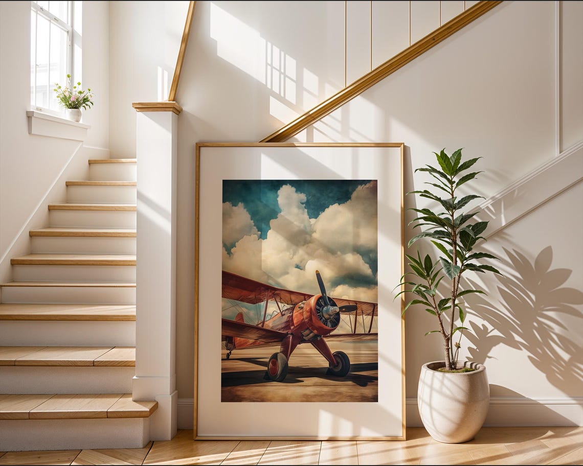 Vintage Red Biplane On Airfield Retro Aviation Painting Poster - Image 2