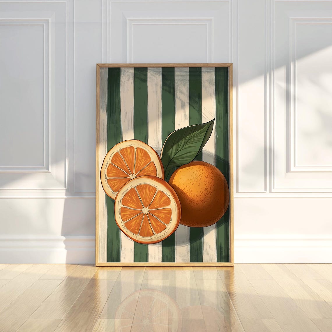 Fresh Orange Slices Citrus Fruit Green Striped Modern Art Poster