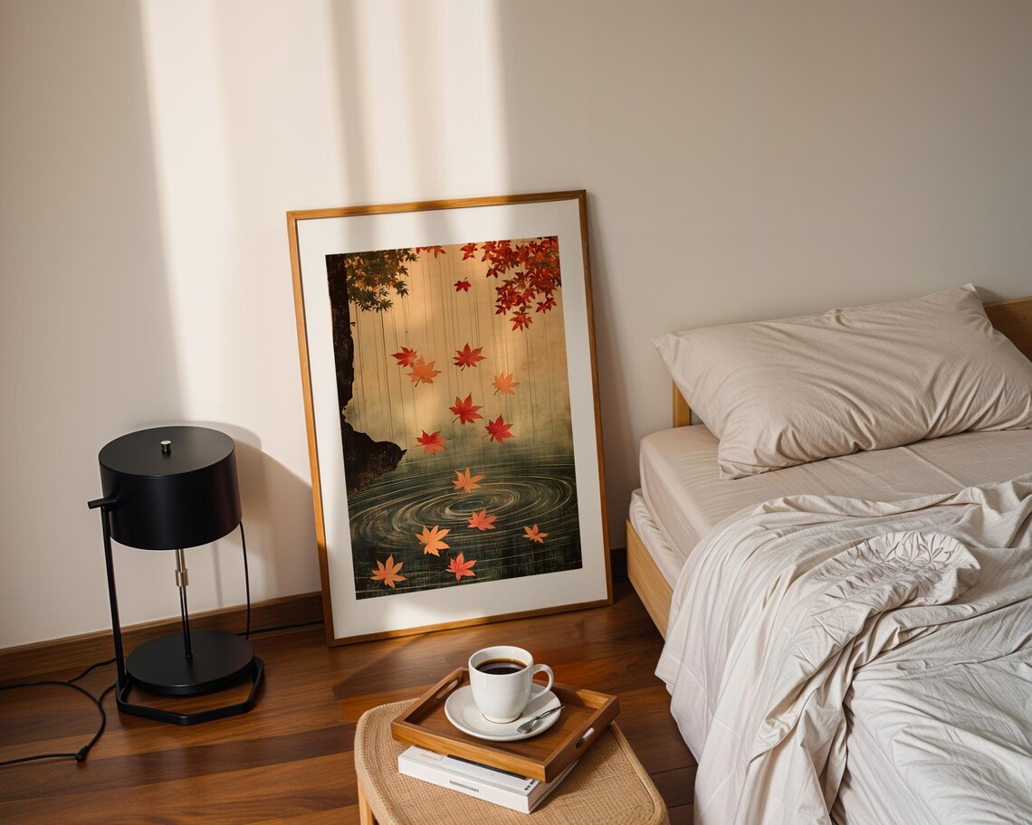Japanese Maple Leaves Falling on Pond Art Poster in Ukiyo-e Style - Image 2
