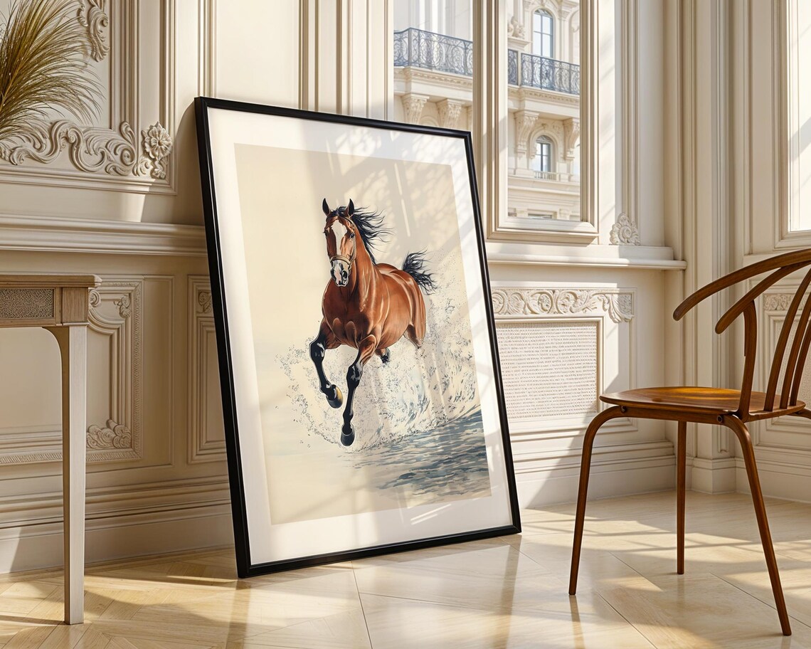 Running Horse Water Splash Brown Stallion Wildlife Painting Poster - Image 4
