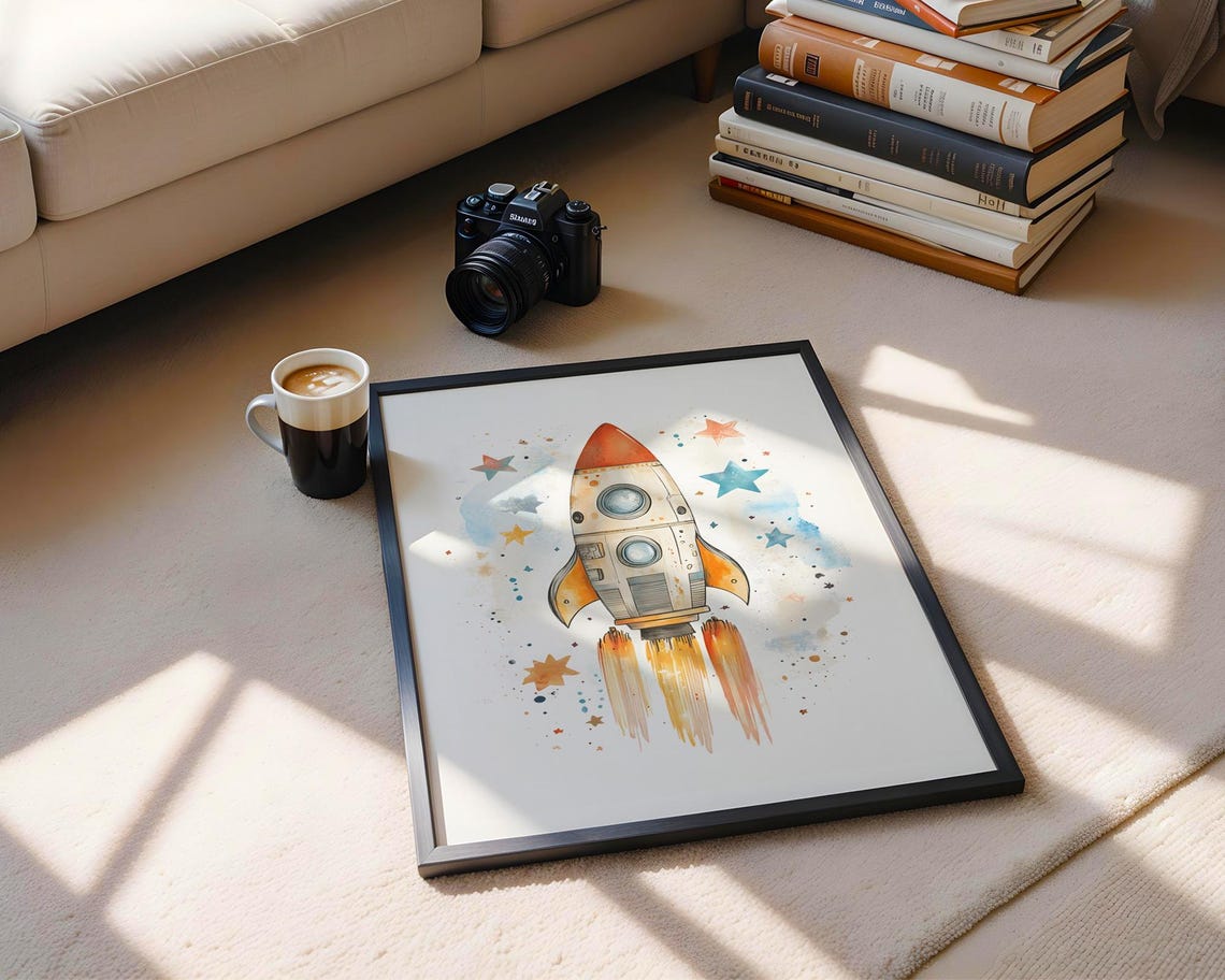 Watercolor Rocket Ship Stars Cute Kids Nursery Room Art Print - Image 5
