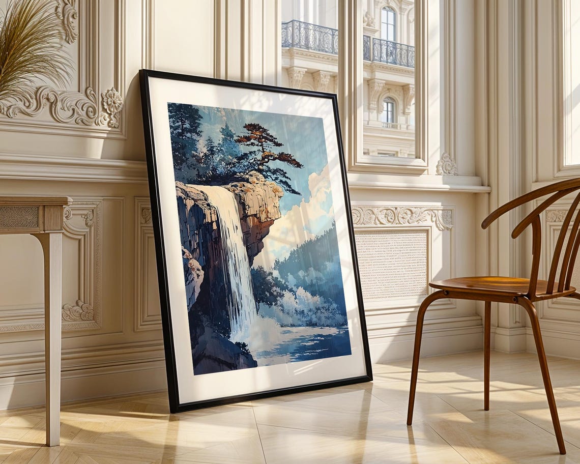 Dramatic Waterfall Over Rocky Cliff Pine Tree Nature Art Poster - Image 3