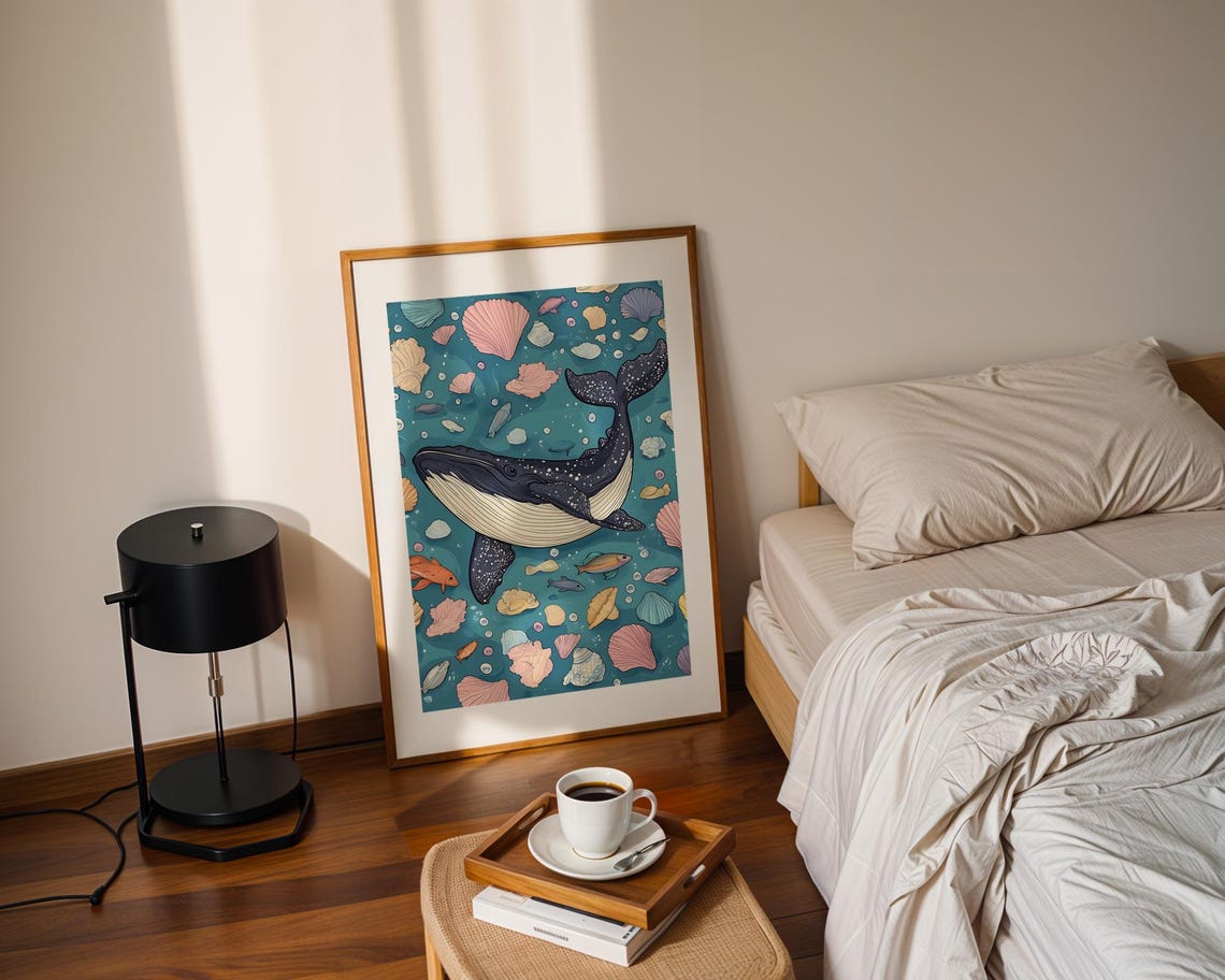 Whale Illustration Seashells Fish Playful Ocean Kids Room Print - Image 2