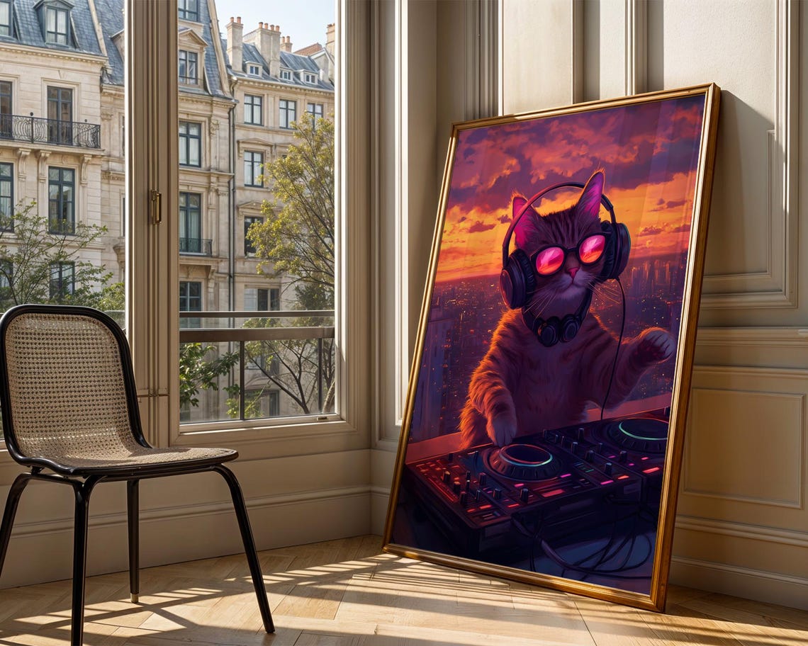 Cat DJ Wearing Headphones Over Sunset Skyline Electronic Music Poster - Image 4