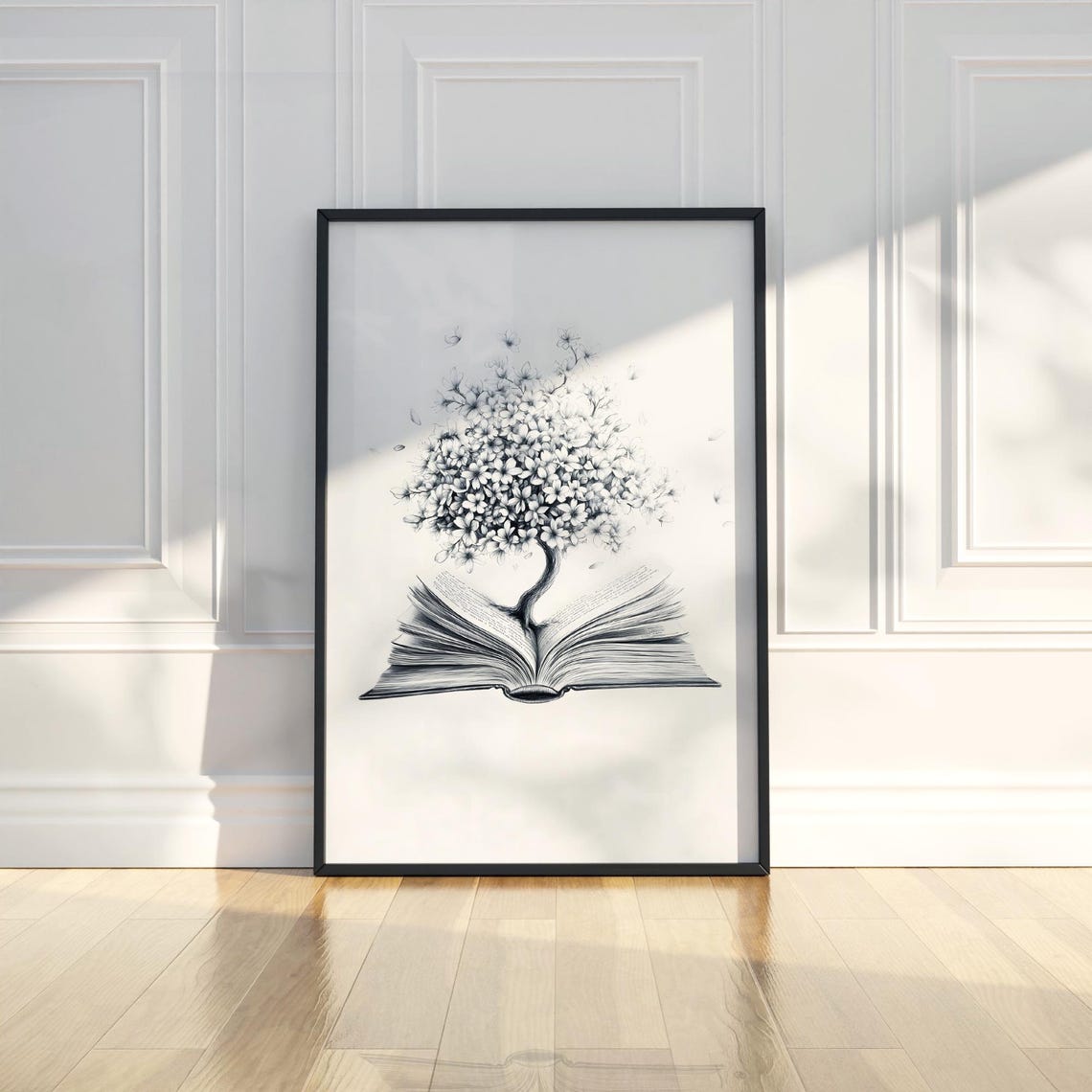 Open Book Flower Tree Growing Monochrome Sketch Reader Gift Art Poster