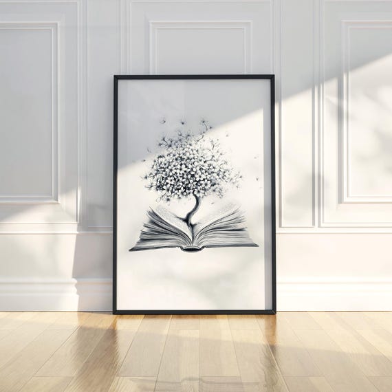 Blooming Cherry Blossom Book Tree Pencil Sketch Wall Art Literary Nature Poster For Study Living Room Office