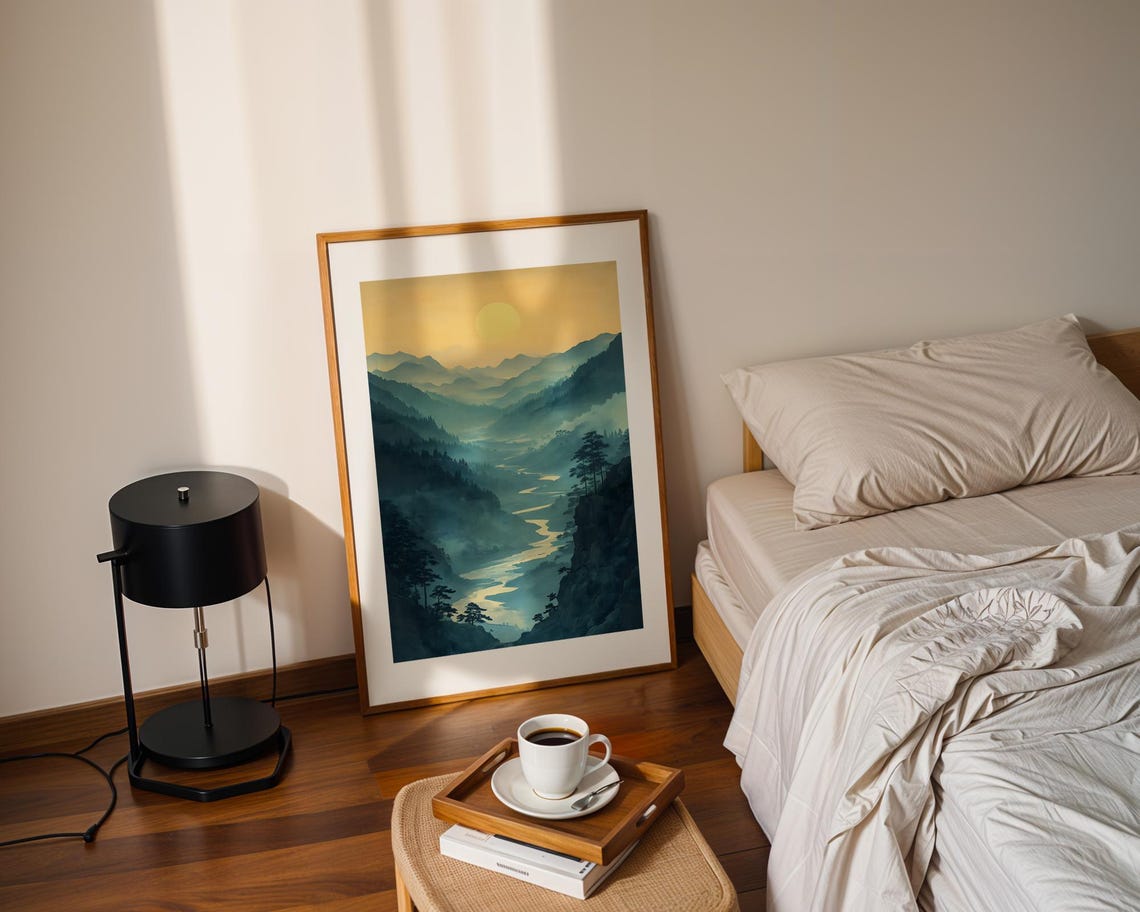 Misty Mountain Valley River Watercolor Landscape Artwork Poster - Image 2