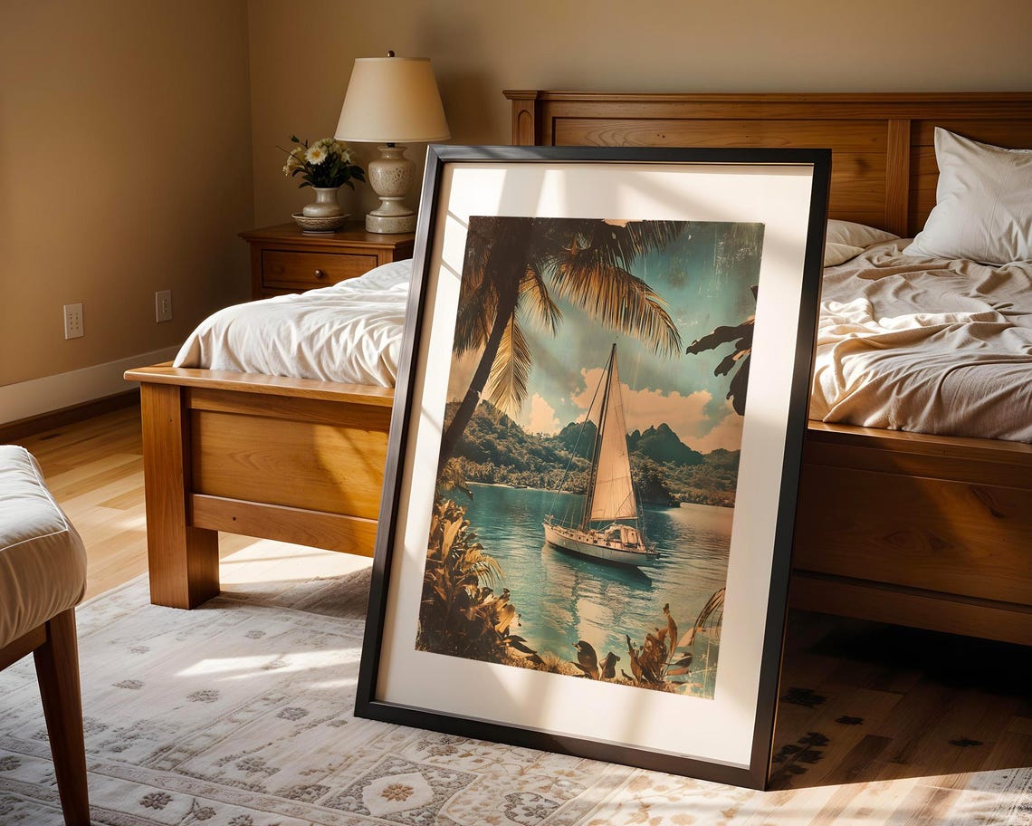Sailboat In Tropical Palm Bay Vintage Style Nautical Travel Poster - Image 3