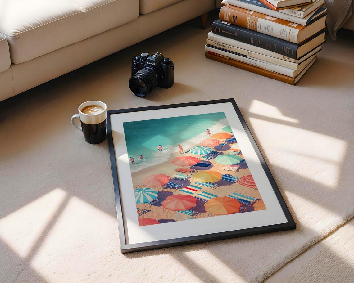 Colorful Beach Umbrellas And Swimmers Sunlit Coastal Scene Poster - Image 5