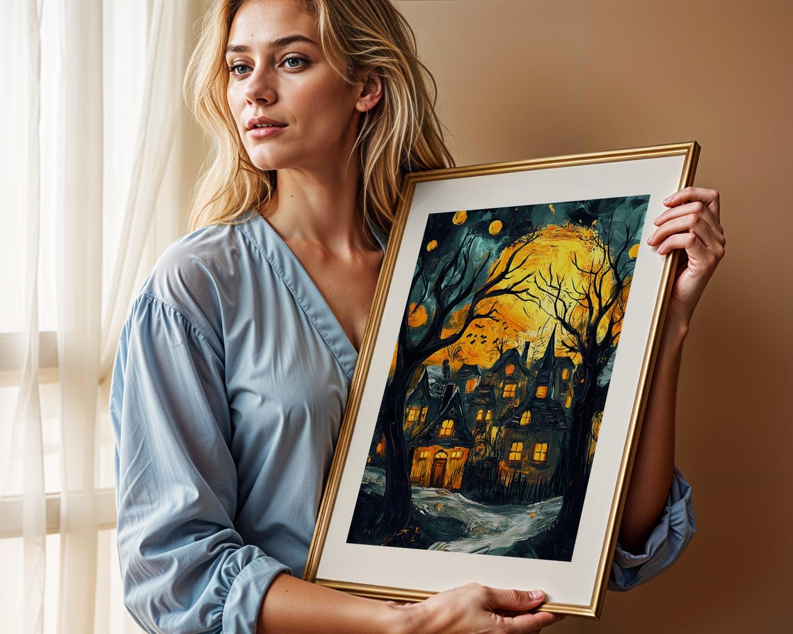 Haunted Village Harvest Moon Spooky Night Halloween Scene Poster - Image 2