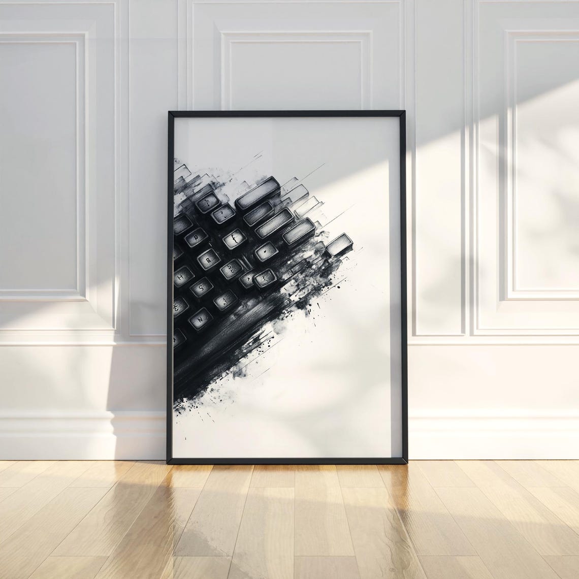 Computer Keyboard Ink Dissolve Black White Abstract Tech Art Poster