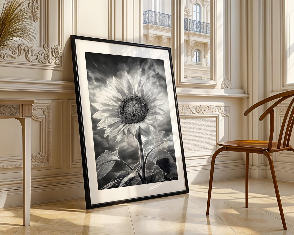 Sunflower Bloom Against Stormy Sky Black and White Photo Poster - Image 3