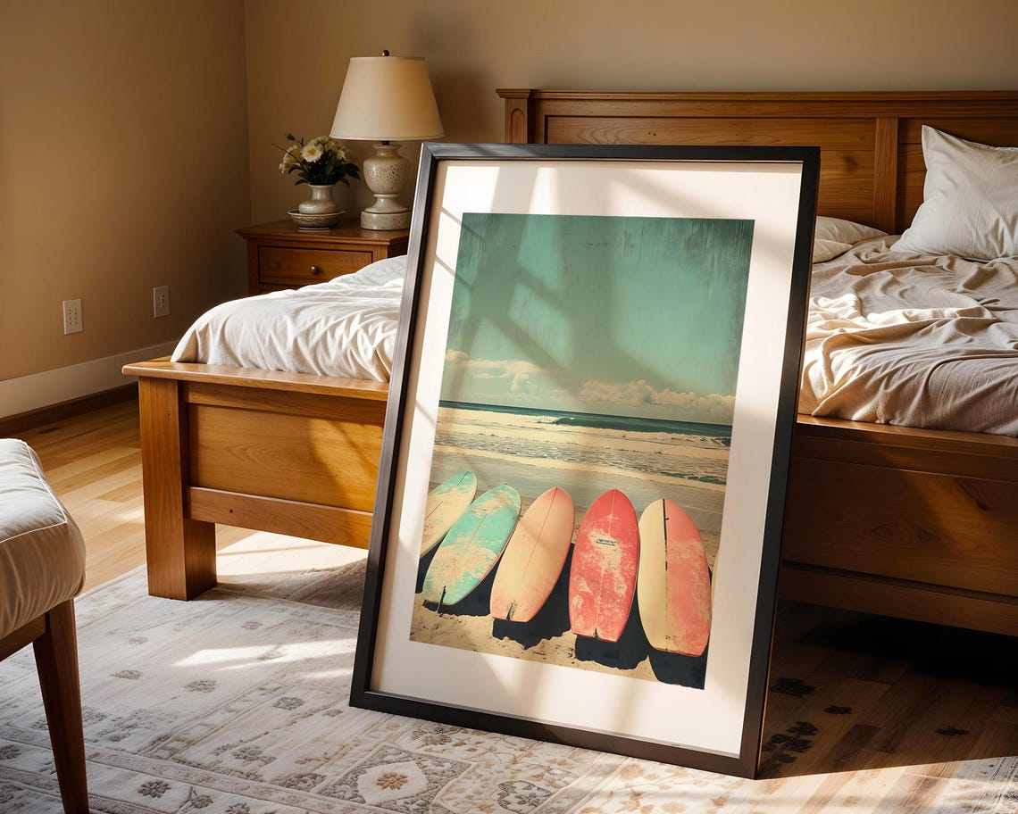Vintage Surfboards On Beach Retro Coastal Surfing Art Poster - Image 4