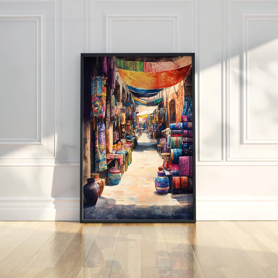 Vibrant Moroccan Market Alley Colorful Bazaar Travel Painting Poster