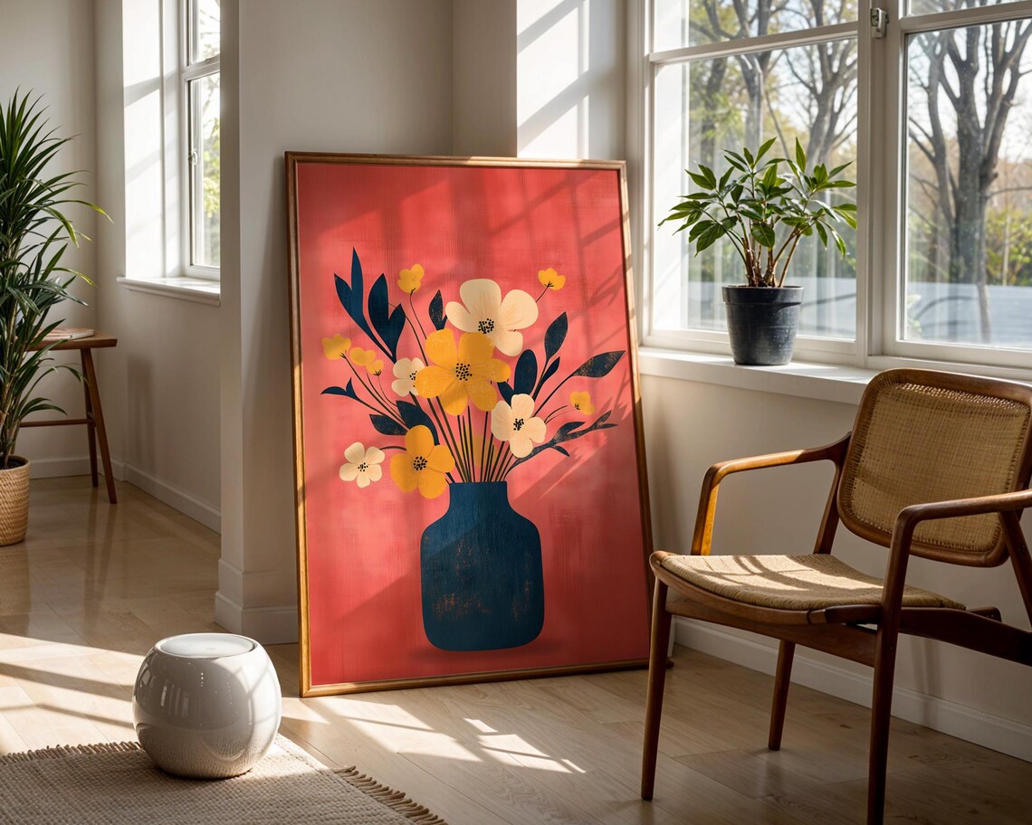 Cheerful Floral Bouquet In Dark Blue Vase On Coral Pink Poster - Image 5
