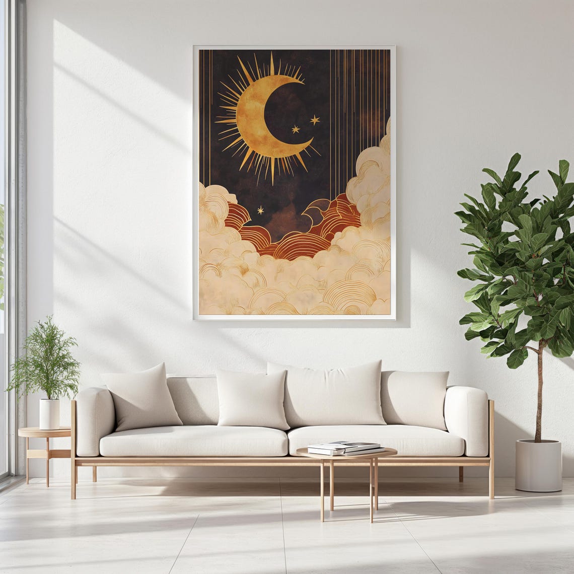 Golden Crescent Moon Stars Boho Mystical Dark Night Sky Wall Art - Image 2