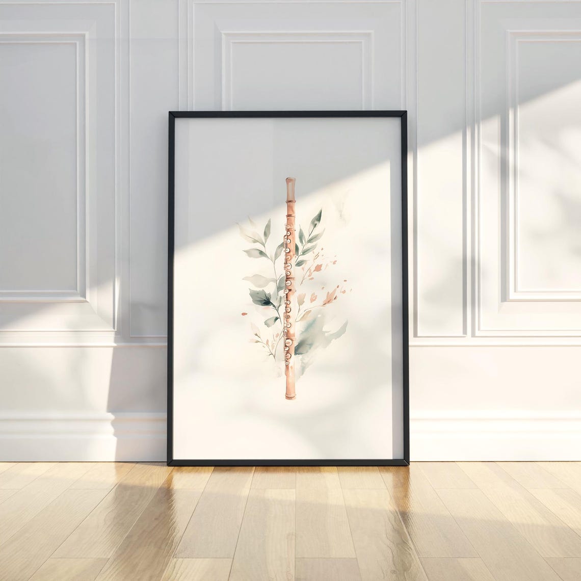Watercolor Boho Flute With Botanical Leaves Music Gift Poster