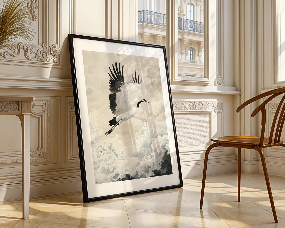 Japanese Crane Bird Flying Ink Wash Ocean Wave Asian Art Poster - Image 3