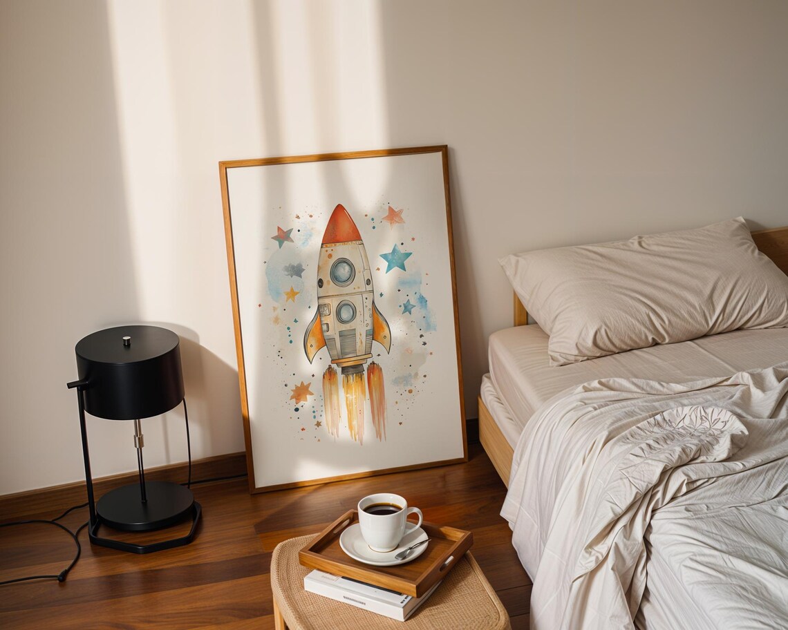Watercolor Rocket Ship Stars Cute Kids Nursery Room Art Print - Image 2