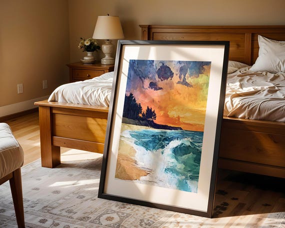 Vibrant Coastal Sunset Wall Art Print Bold Beach Landscape Painting Waves Sky Pine Silhouette Modern Home Bedroom Decor Gift
