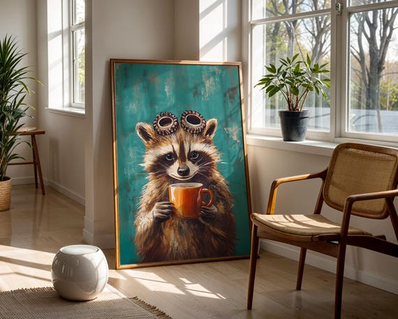 Whimsical Raccoon Coffee Mug Goggles Animal Art Illustration Trendy Wall Room Decor Prints Print