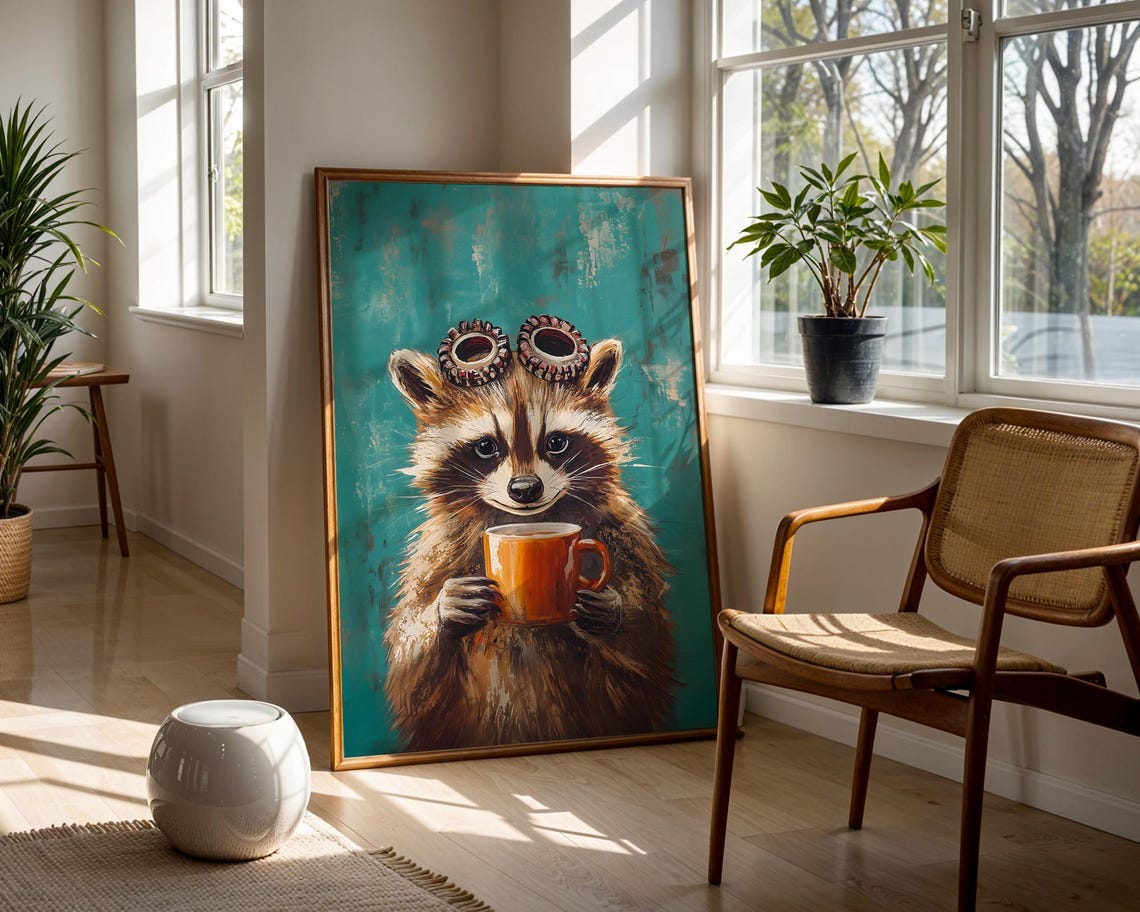 Raccoon Holding Orange Coffee Mug Steampunk Goggles Teal Poster