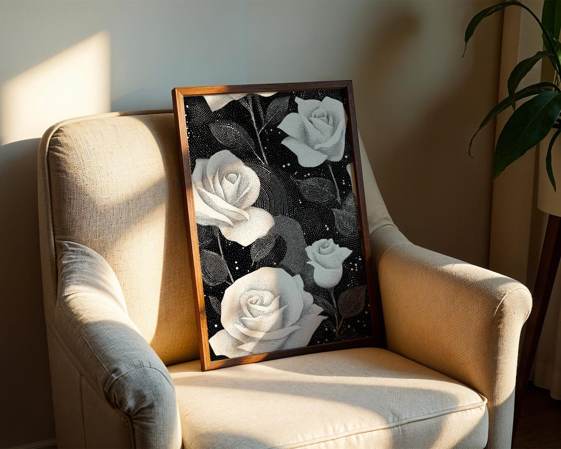 Dramatic White Roses On Black Stipple Art Floral Pointillism Poster - Image 2