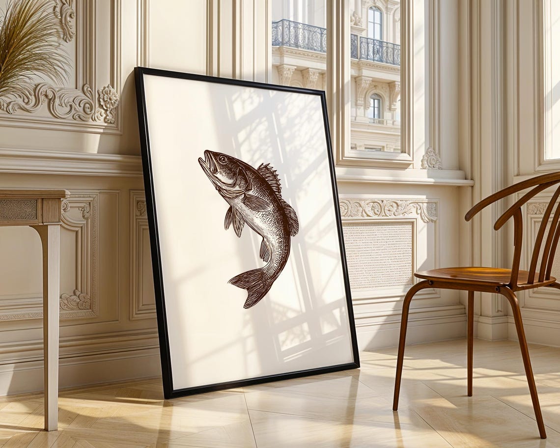 Jumping Bass Fish Brown Ink Sketch Fishing Art Drawing Poster - Image 4