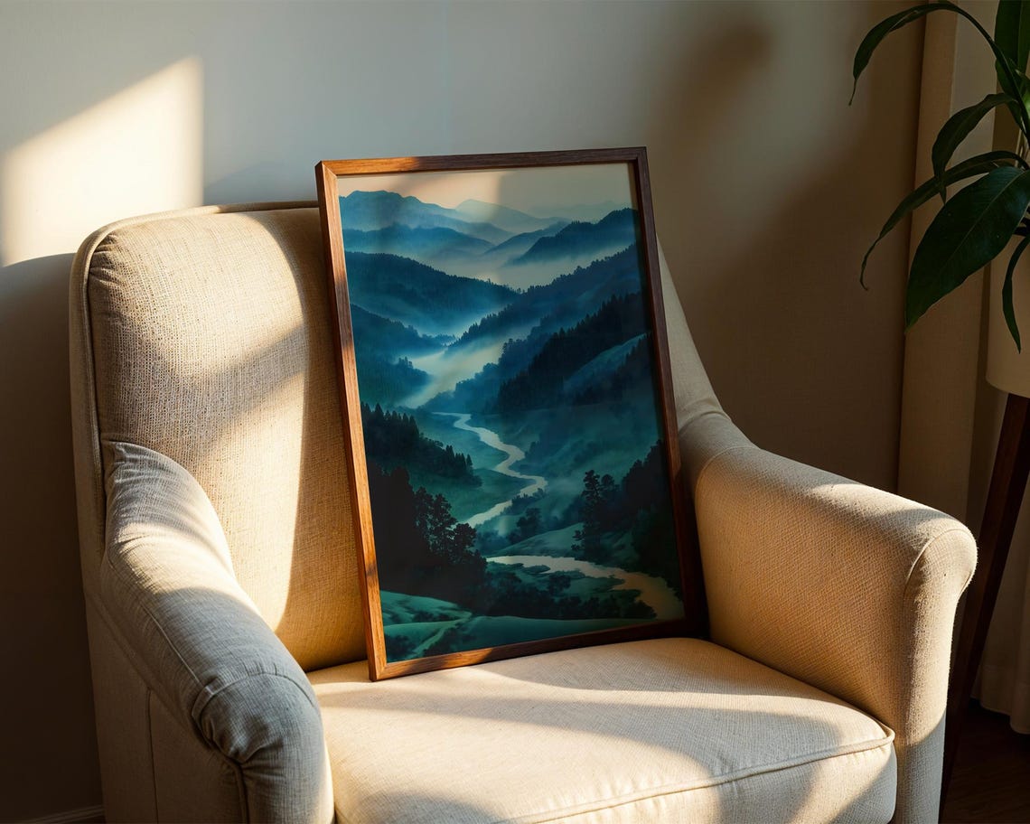 Misty Teal Mountain Valley River Winding Landscape Nature Poster - Image 2