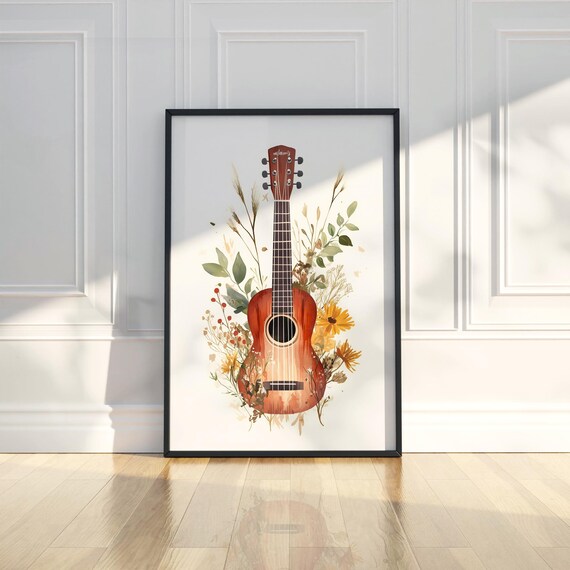 Acoustic Guitar Watercolor Boho Floral Botanical Music Art Poster