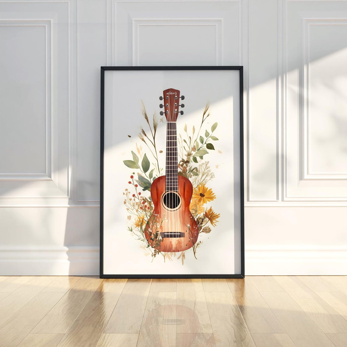 Acoustic Guitar Watercolor Boho Floral Botanical Music Art Poster