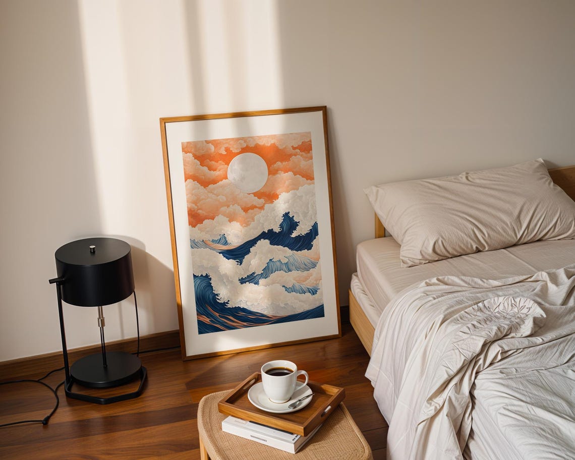 Moonlit Ocean Waves Blue And Orange Dramatic Surreal Seascape Poster - Image 2