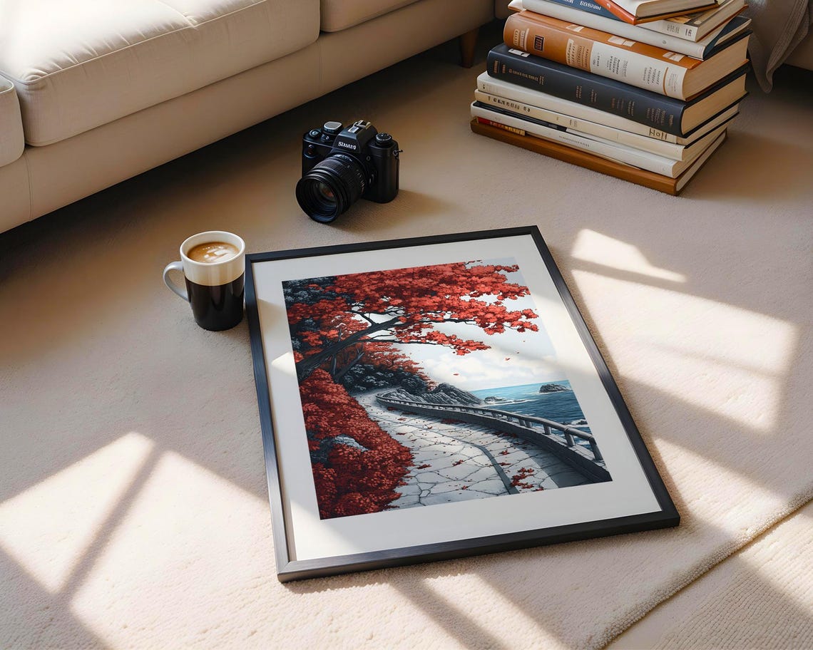 Red Maple Trees Along Coastal Road Art Poster in Japanese Style - Image 5