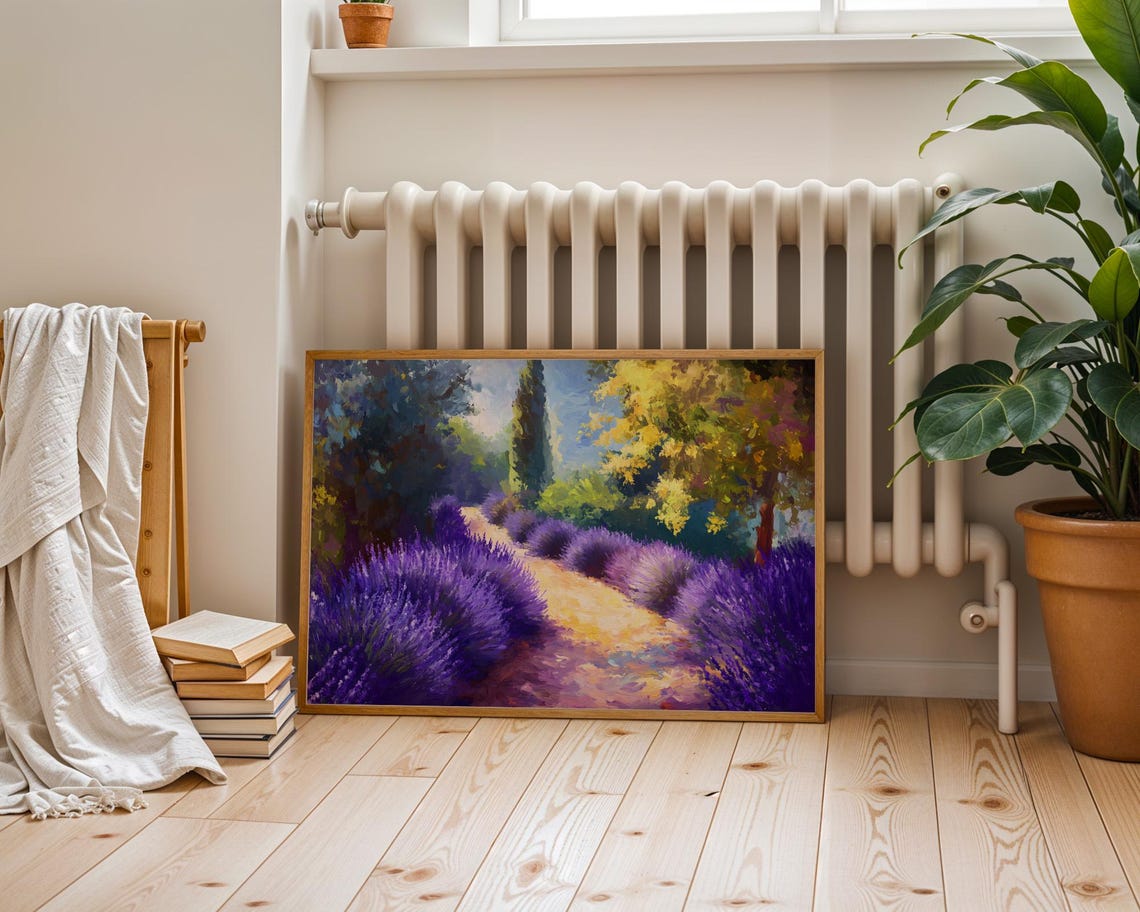Sunlit Lavender Garden Path Trees Summer Landscape Art Print - Image 6