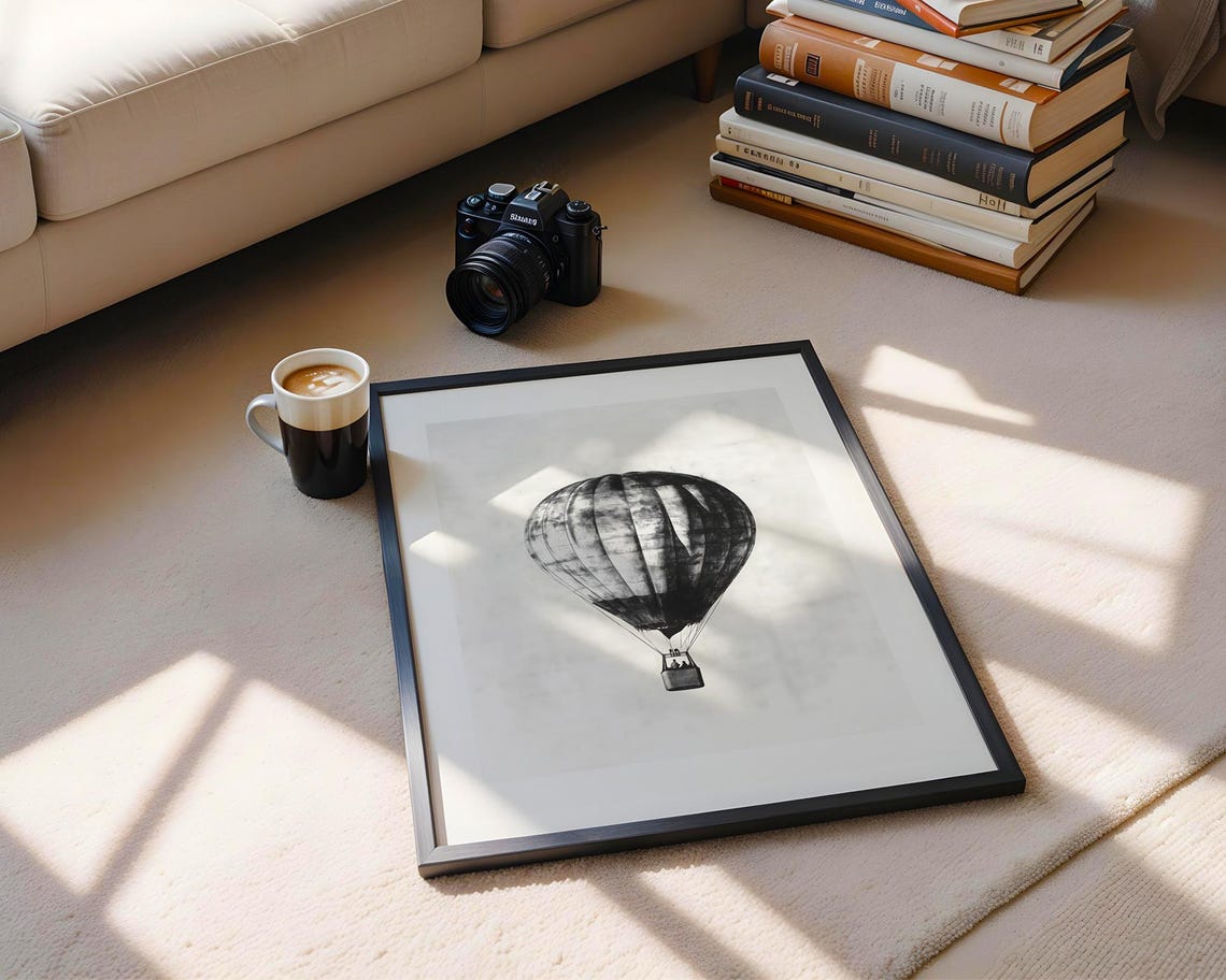 Dreamy Vintage Hot Air Balloon Charcoal Sketch Minimalist Poster - Image 6