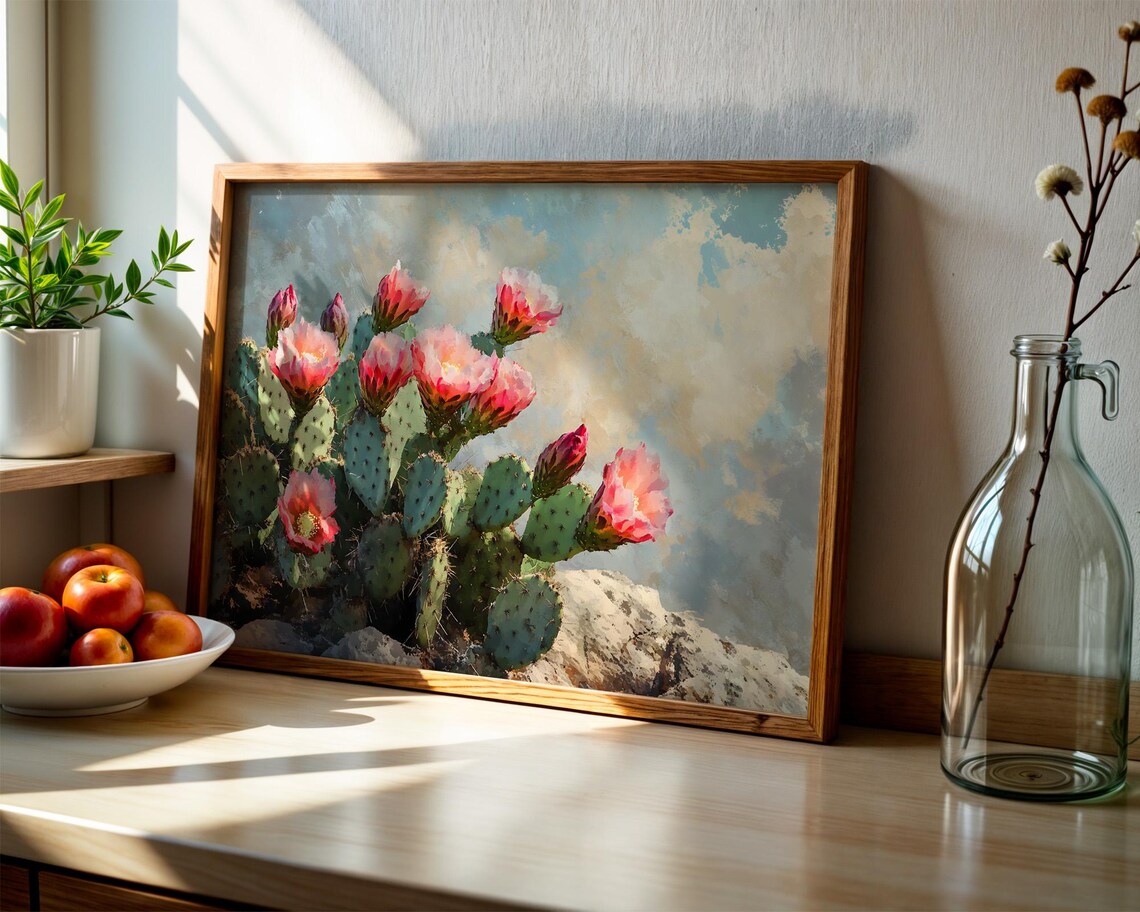 Blooming Prickly Pear Cactus Pink Blossom Desert Flower Art Poster - Image 2